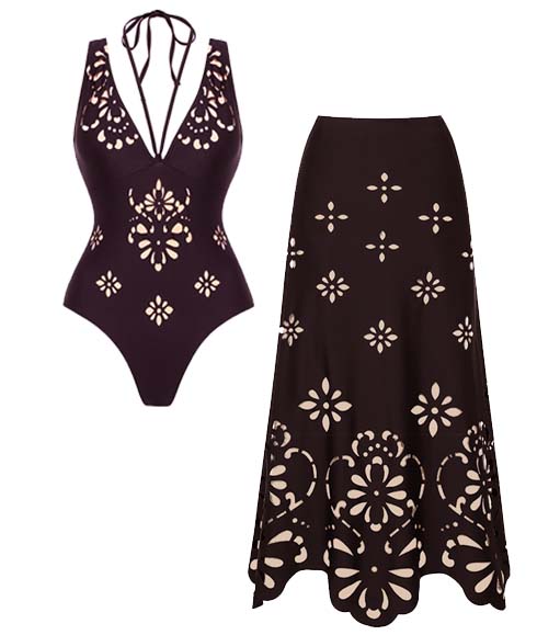 Black V Neck Laser Cutting Flower Hollow One Piece Swimsuit and Skirt